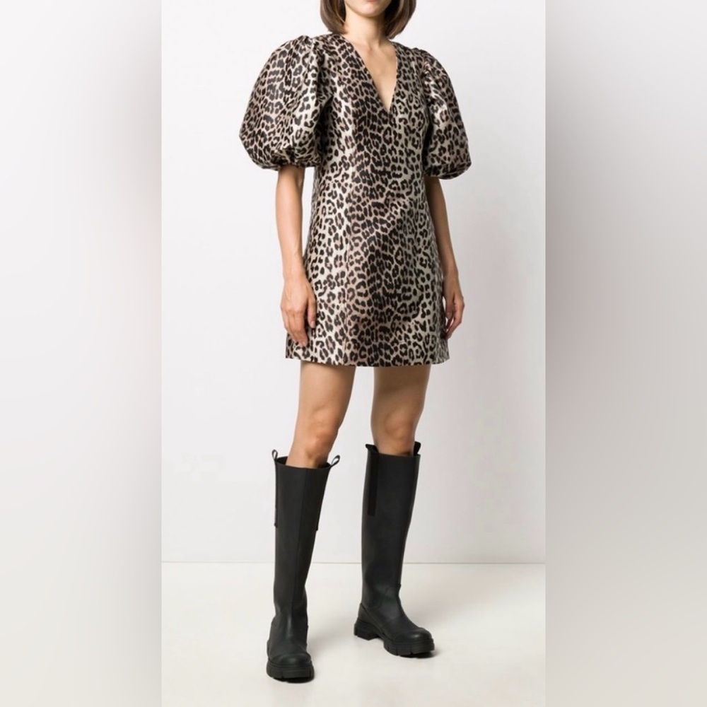 Ganni Animal Print Puff Sleeve Dress
